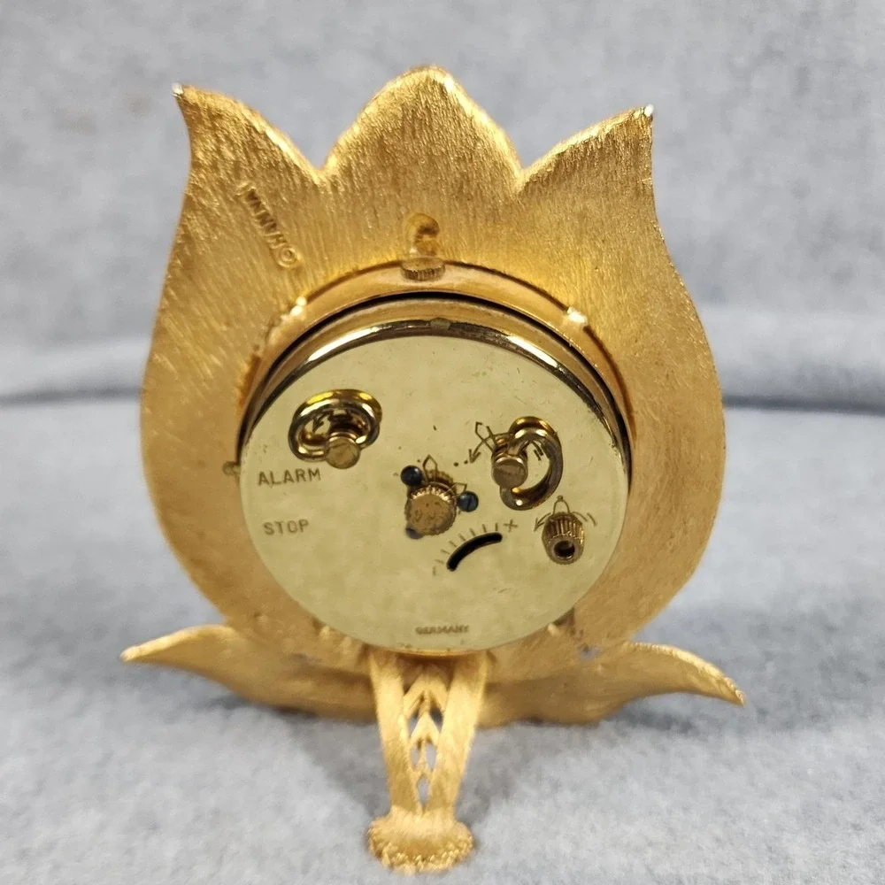 Vintage Landau Tulip Alarm Clock West Germany Gold Tone Hana‎ Glow Hands